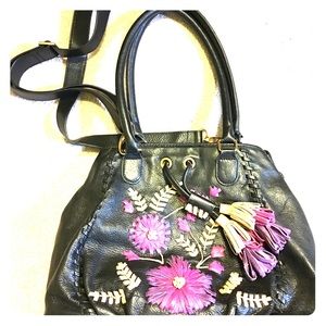 Isabella Fiore bohemian black leather floral embroidered handbag